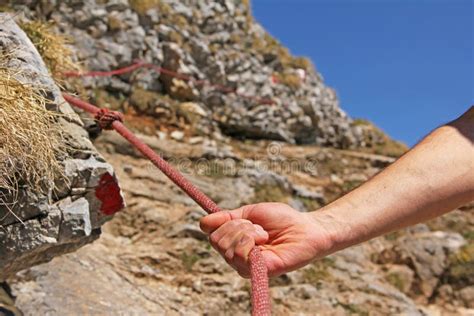 Mountain Climber Holding On A Climbing Rope Stock Image Image Of Rock