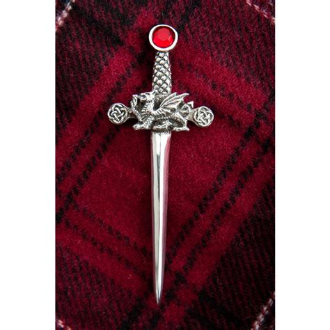 Pewter Dragon Sword Kilt Pin Welsh Tartan