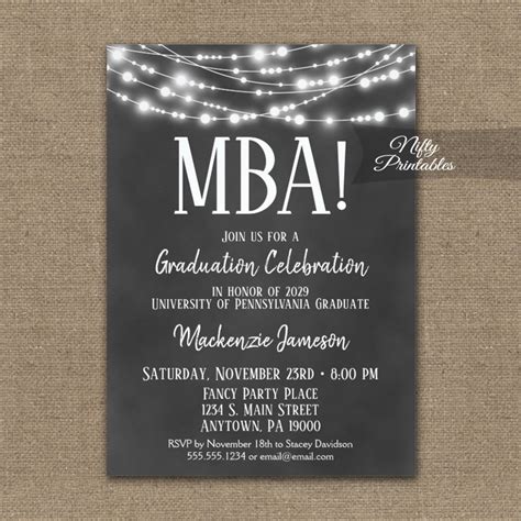 Mba Graduation Invitations Chalkboard Lights Printed Nifty Printables