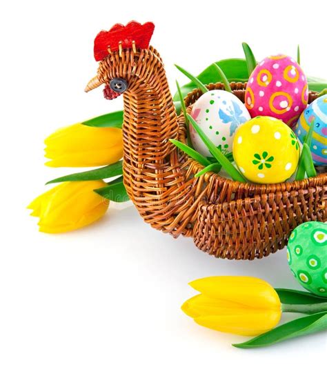 Easter Eggs In Basket With Yellow Tulip Flowers Stock Photo Image Of
