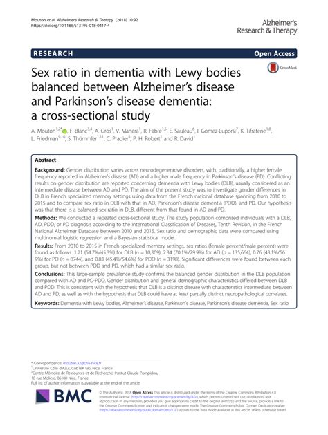 Pdf Sex Ratio In Dementia With Lewy Bodies Balanced Between Alzheimer S Disease And Parkinson
