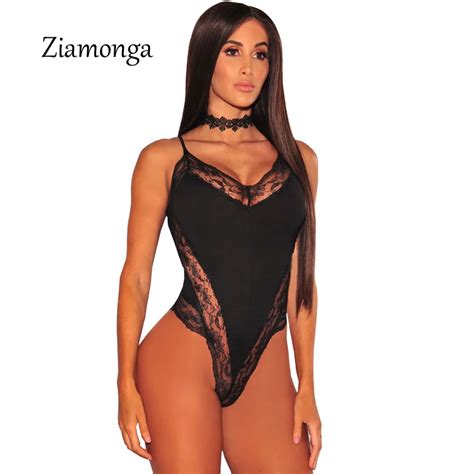 Ziamonga Sexy Lace Bodysuit Women 2017 Summer Deep V Neck Spaghetti Strap See Through Black