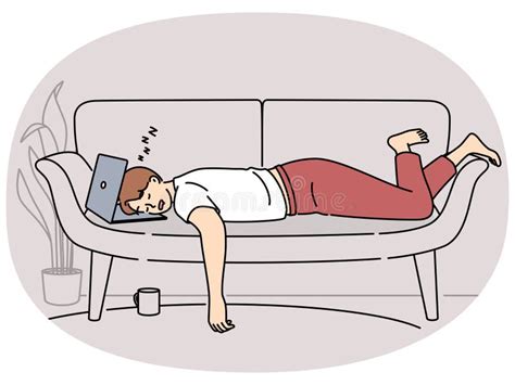 Tired Man Fall Asleep On Sofa With Laptop Stock Illustration