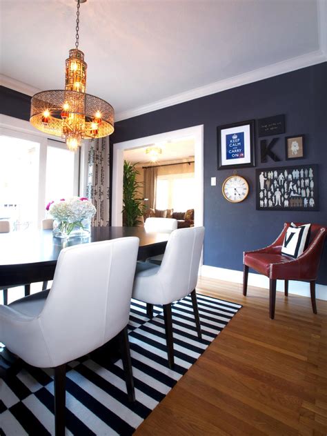 Eclectic Dining Room With Blue Suede Wallpaper Striped