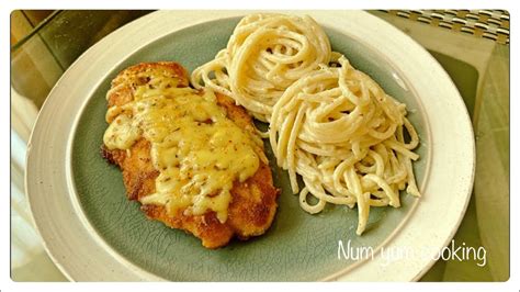Creamy Pasta And Pan Fried Chicken With Cheese Very Tasty And Yummy