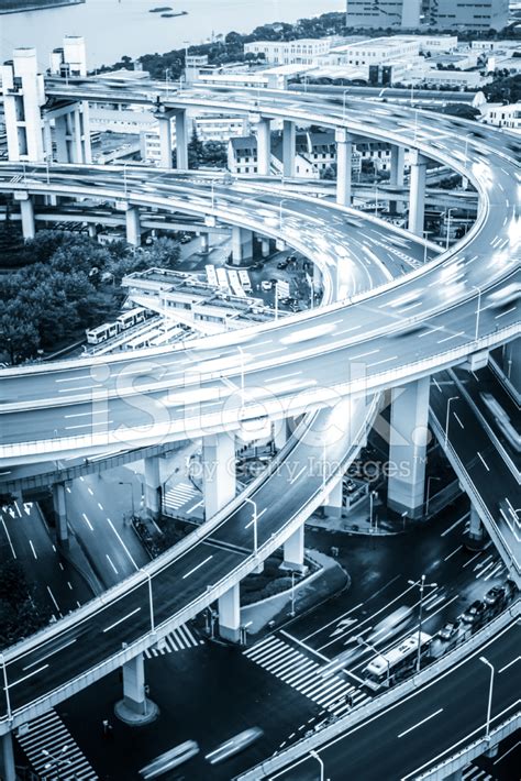 Shanghai Elevated Road Junction And Interchange Overpass At Nigh Stock