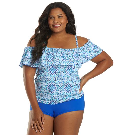 Fit4u Womens Plus Size Dye It Off The Shoulder Tankini Top C Cup At