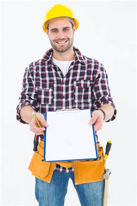 Happy Male Repairman Showing Clipboard Stock Image Image Of Person