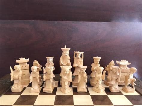 Large Asian Chess Set Vintage Hand Carved Chess Set Carved Wood Chest