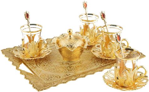 Lamodahome Turkish Tea Glasses Set With Decorated Metal Glass Holders