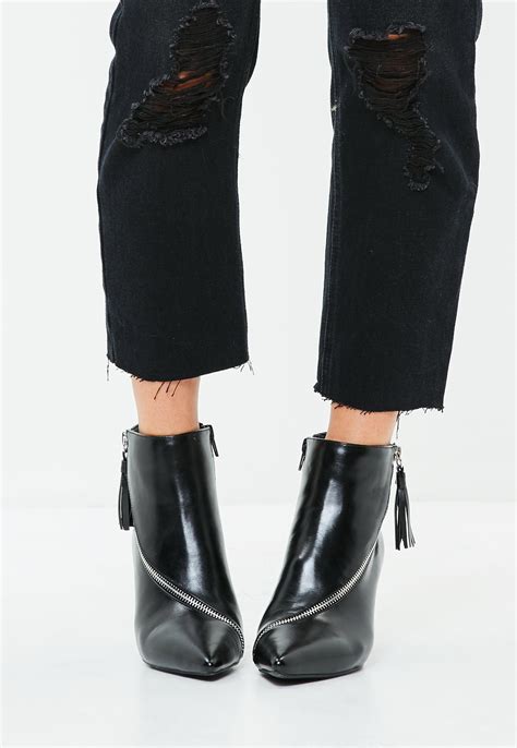Missguided Black Asymmetric Zip Kitten Heel Ankle Boots Lyst