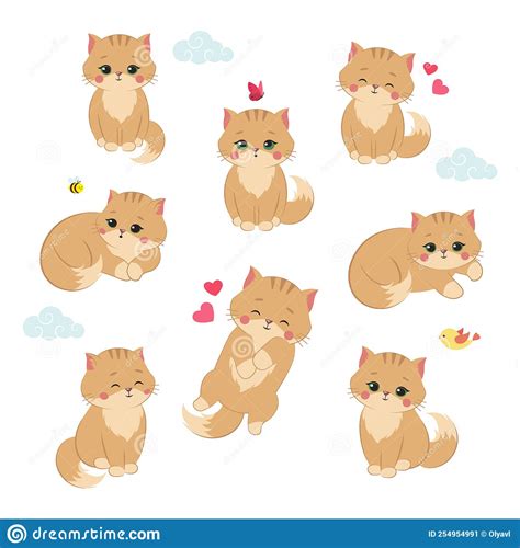 Set Of A Cute Cat In Different Poses Fluffy Kitten Cartoon Stock