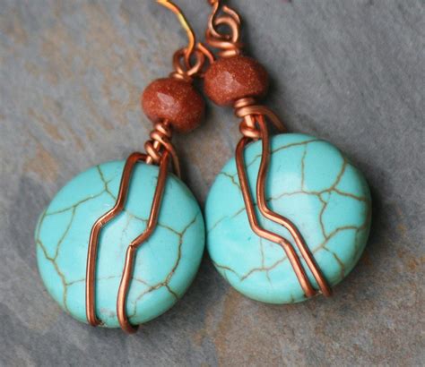 Natural Stone Wire Wrapped Earrings Turquoise Blue Magnesite Etsy