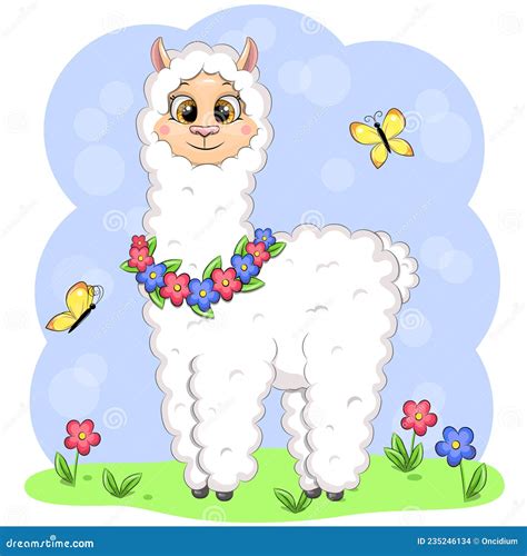 Cute Cartoon Llama With Flowers And Butterflies Stock Vector