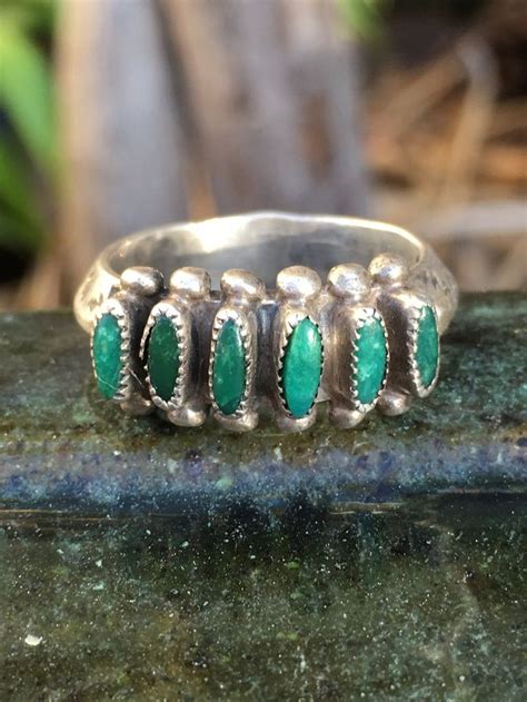 Sterling Silver Needlepoint Turquoise Row Ring By Navajo Artist