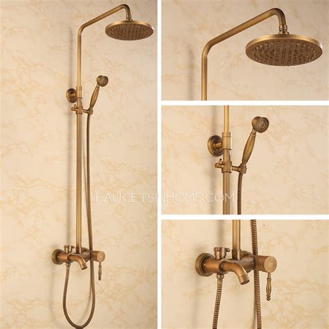 .shower cross handle antique brass bathroom shower faucet set brushed gold shower fixture 8 inch rainfall shower head handheld shower cross handle: Chic Vintage Brass Shower Faucet With Top And Hande Shower