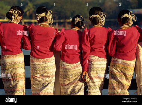 Mon Girls In Traditional Dress Yangon Rangoon Myanmar Burma Stock