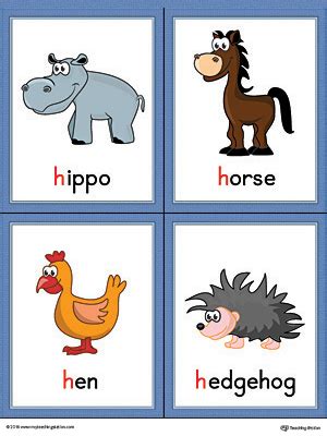 Letter H Words and Pictures Printable Cards: Hippo, Horse, Hen