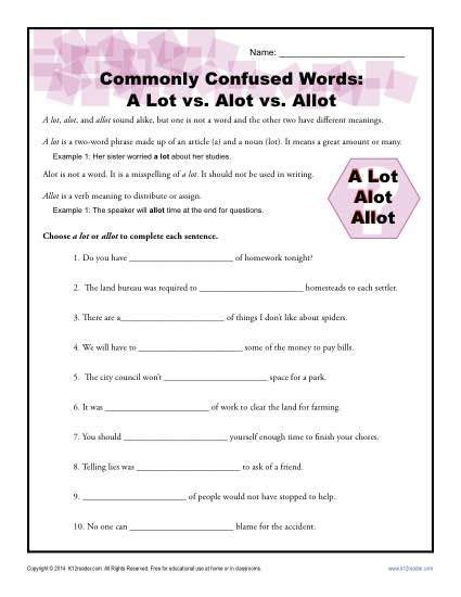 A Lot Vs Alot Vs Allot Worksheet Commonly Confused Words Commonly