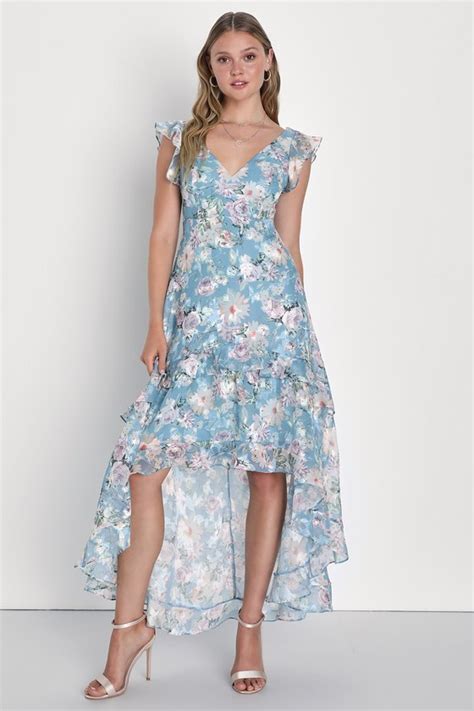 Light Blue Floral Dress Ruffled High Low Dress Maxi Dress Lulus