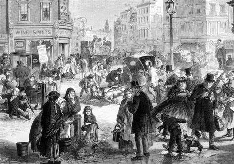 An Old Black And White Drawing Of People On The Street
