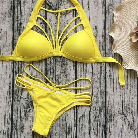 2018 Solid Yellow Bikini Set Thong Swimsuit Women Padded Biquini Push Up Swimwear Halter Women