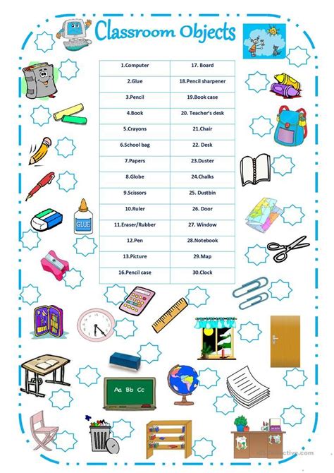 School Classroom Objects Worksheets