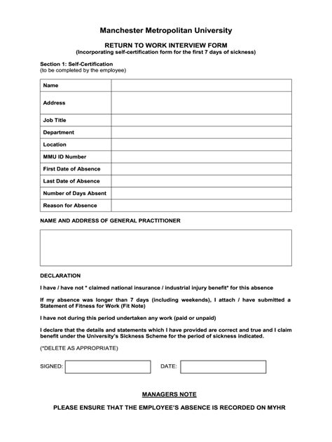 Return To Work Form Template Acas Fill Online Printable Fillable