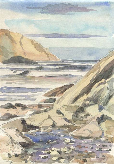 Seascape Coastal Print Watercolour Drawing On Pleinair Atlantic