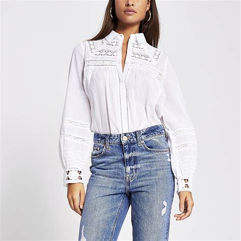 White Long Sleeve Embroidered Shirt River Island