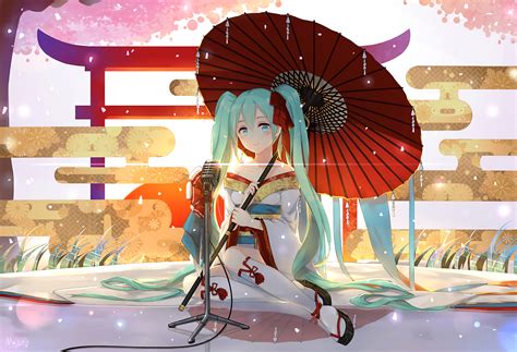 Japanese Girl In Kimono And Umbrella Anime Girls Wall