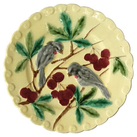 French Majolica Bird And Cherries Plate Sarreguemines Circa 1880 For