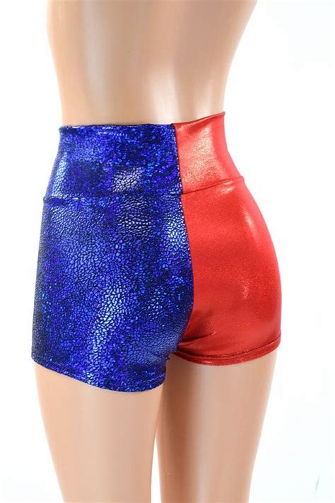 Red And Blue Metallic Harlequin High Waist Shorts 151582 Red And Blue