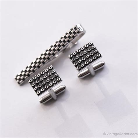 Vintage Square Silver Cufflinks And Checked Tie Clip With Black Details