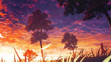 デスクトップ壁紙 日光 木 日没 アニメの女の子 空 アートワーク 日の出 イブニング 朝 雰囲気 夕暮れ 雲 秋
