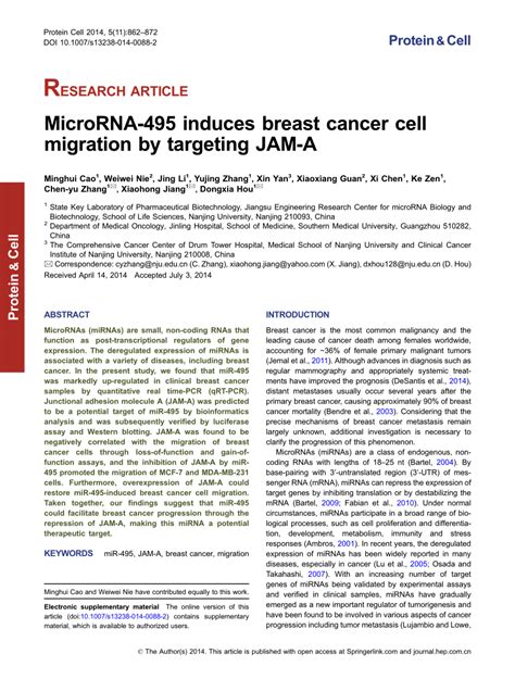 pdf microrna 495 induces breast cancer cell migration by targeting jam a