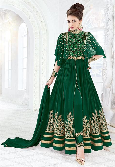 Embroidered Georgette Abaya Style Suits In Dark Green Nikkah Dress