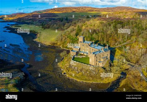 Aerial View From Drone Of Dunvegan Castle On The Isle Of Skye Scotland