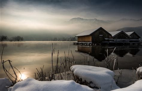 Nature Landscape Winter Calm Cabin Lake Mist
