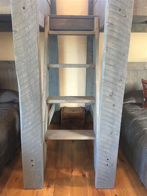 The barnwood loft has ladders on both ends. Colorado River Custom Quad Bunk Bed