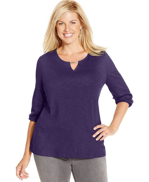 Karen Scott Plus Size Keyhole Three-Quarter-Sleeve Top, Only at Macy's