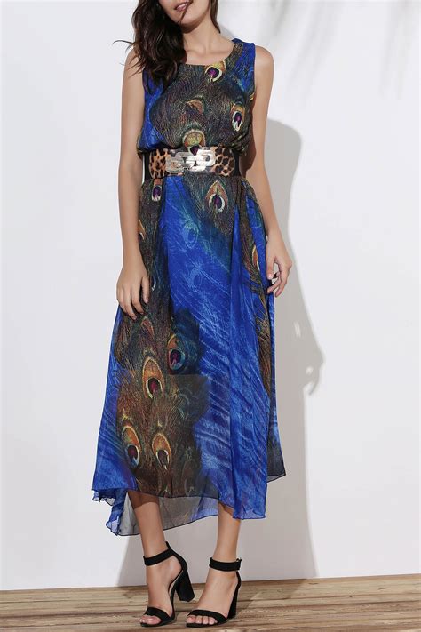 43 Off Fashionable Scoop Neck Peacock Feather Print Sleeveless Dress