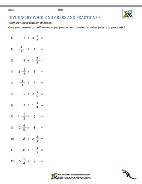Dividing Fractions By Whole Numbers Worksheet