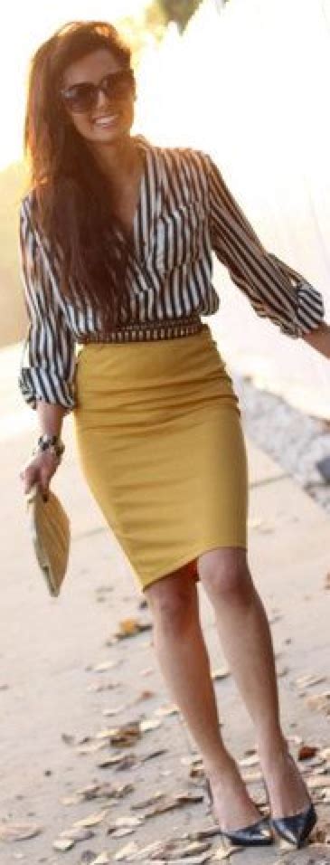 outfit post mustard pencil skirt striped crossover blouse black pointed toe pumps outfit posts