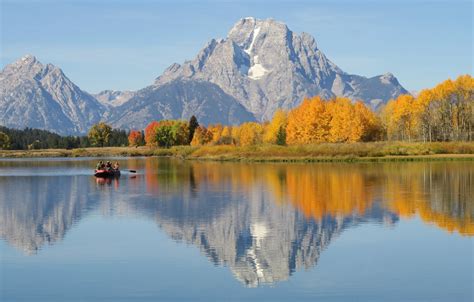 Wallpaper Autumn Trees Mountains Boat Wyoming Usa Grand Teton