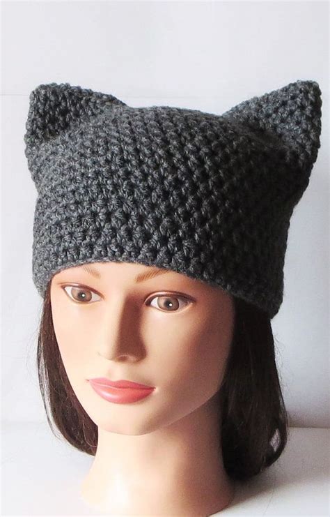 Gray Cat Hat Crochet Cat Beanie Animal Beanie Hat Kitty Kitten Hat