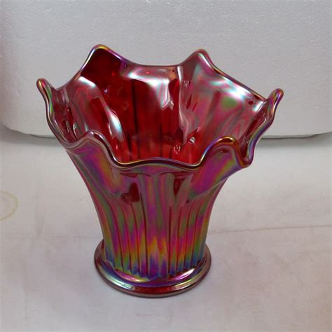 Mosser Red Fine Rib Carnival Glass Flared Squatty Vase 3 Carnival Glass