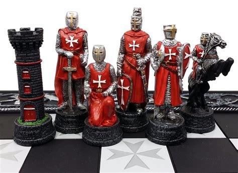 Medieval Times Crusades Red And Blue Armored Maltese Knights Chess Set W