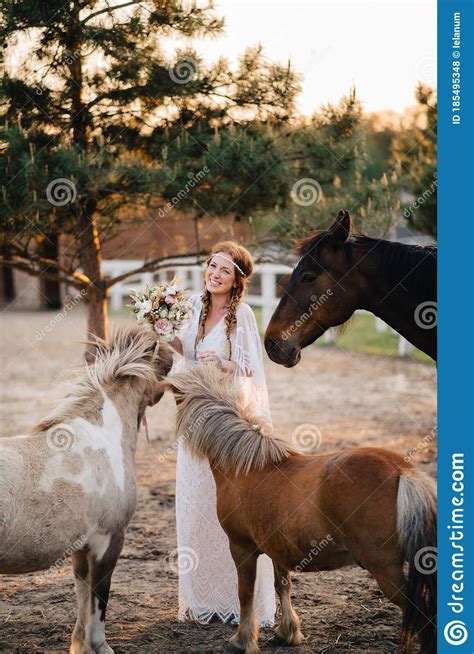 Happy Bride At The Ranch Stock Photo Image Of Horses 185495348