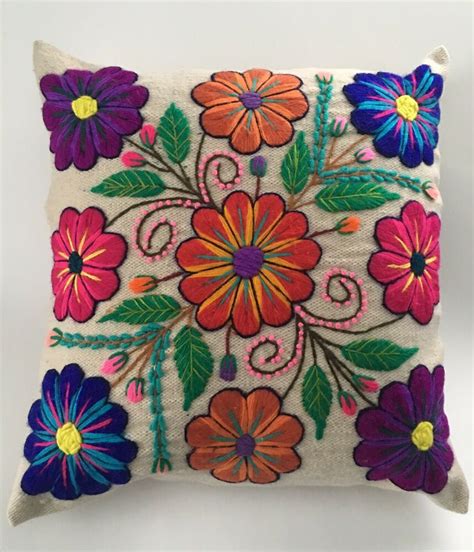 Peruvian Floral Embroidered Handmade Pillow Cover Floral Wool Cushion
